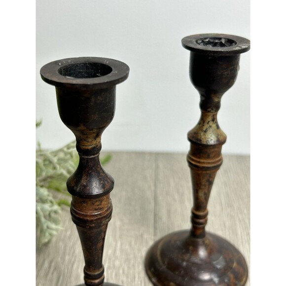 Set Of 2 Vintage Metal Candle Holders India Patina Rustic For Taper Candles 6” - Picture 2 of 9